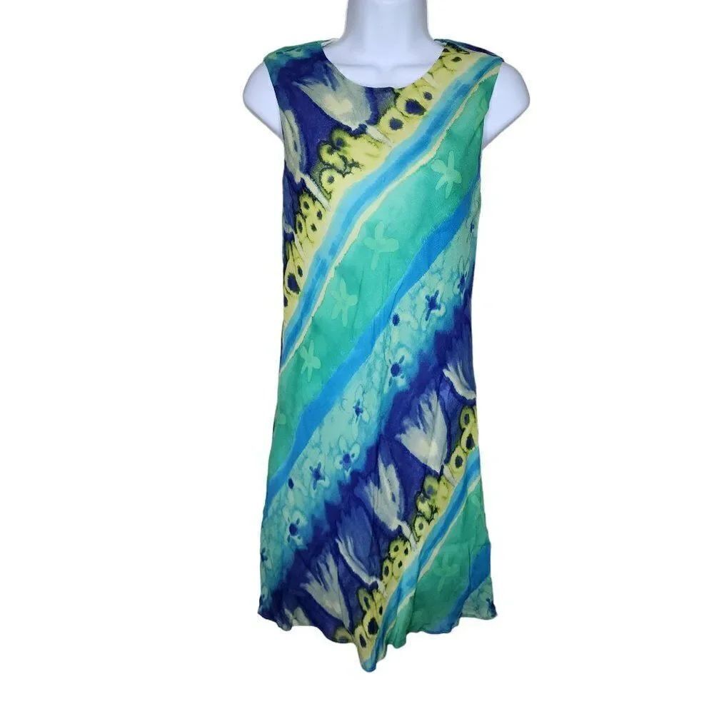 Vintage 1990s Sleeveless Sheath Dress Womens Size S Blue Green Watercolor